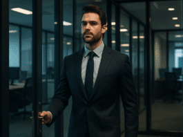 alpha-male office presence entering a modern office