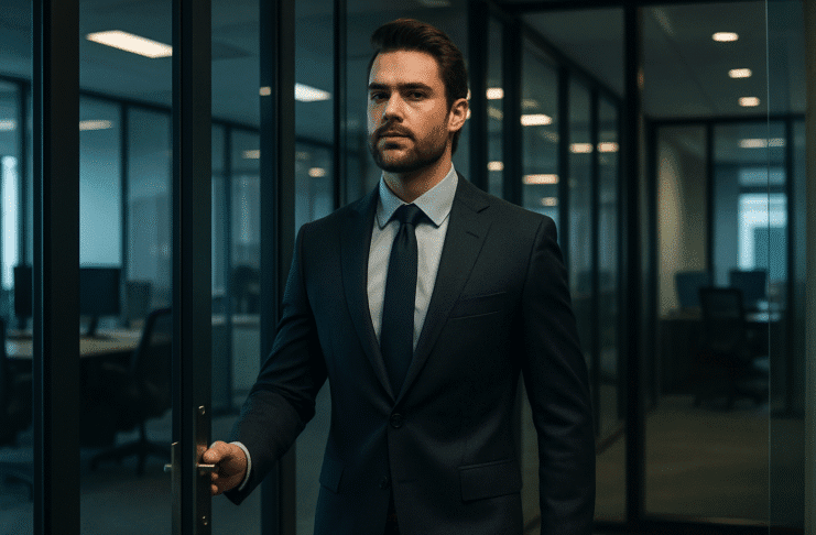 alpha-male office presence entering a modern office