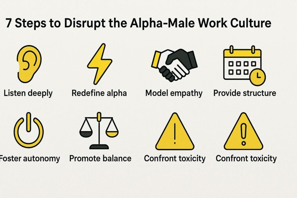 infographic of 7 steps to disrupt alpha-male work culture
