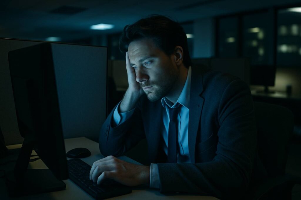 man burning out in high-pressure corporate office