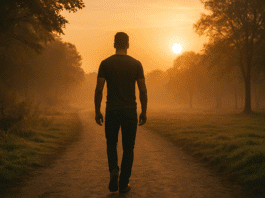 solo walk without phone at sunrise for masculine mental reset