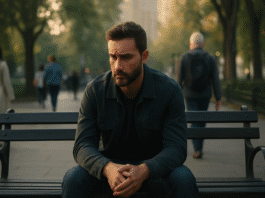 masculine man feeling isolated in public space despite being surrounded