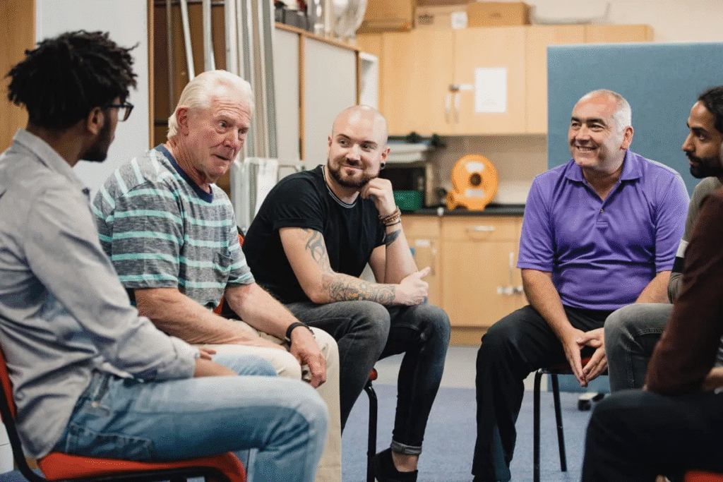 men discussing emotional health and redefining masculinity